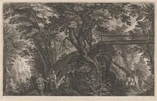 Travelers Resting in a Mountain Forest by a Log Bridge, 1600/1615. Creators: Aegidius Sadeler II, Pieter Stevens