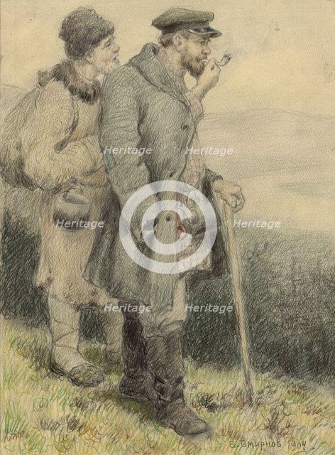 Travelers Walking to a New Settlement in Siberia, 1904. Creator: Boris Vasilievich Smirnov.