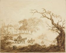 Travelers with Horses and Cart on a Road Past Houses, n.d. Creator: Unknown
