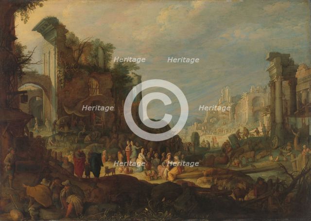 Travellers among Roman Ruins with Rebecca and Eliezer at the Well, c.1602-c.1605. Creator: Willem van Nieulandt.
