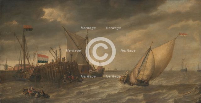 Travellers Disembarking at a Jetty on the Scheldt in Strong Winds, c.1635. Creator: Bonaventura Peeters I.