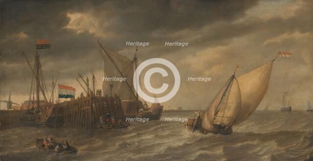 Travellers Disembarking at a Jetty on the Scheldt in Strong Winds, c.1635. Creator: Bonaventura Peeters I.