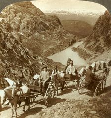 Travellers on mountain road through wild ravine of Seljestad, Norway c1905. Creator: Unknown