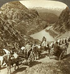 Travellers on mountain road through wild ravine of Seljestad, Norway c1905. Creator: Unknown