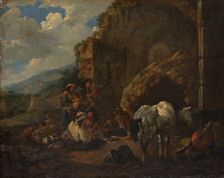 Travelling People Resting in Front of a Roman Ruin, 1672. Creator: Johann Heinrich Roos