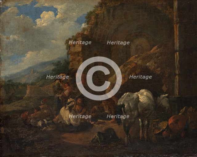 Travelling People Resting in Front of a Roman Ruin, 1672. Creator: Johann Heinrich Roos.