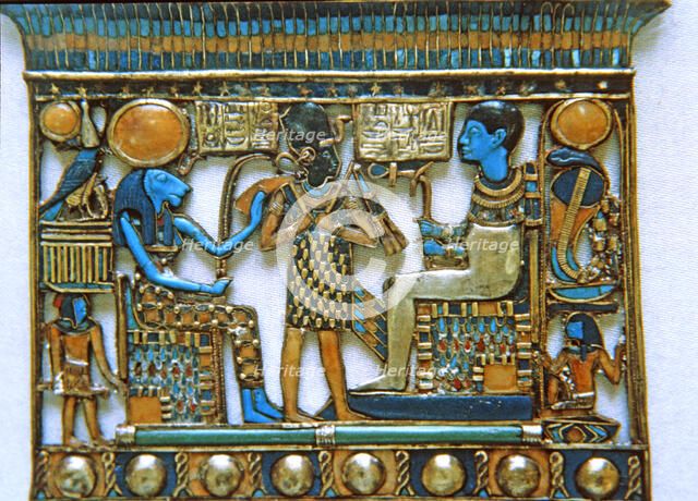 Treasure of Tutankhamen, jewel in the funerary trousseau in which the Pharaoh appears between the…