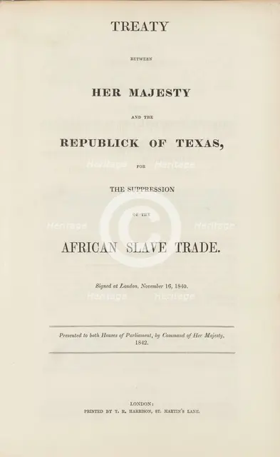 Treaty between Her Majesty and the republick of Texas, for the suppression of the African..., 1842. Creator: Unknown.