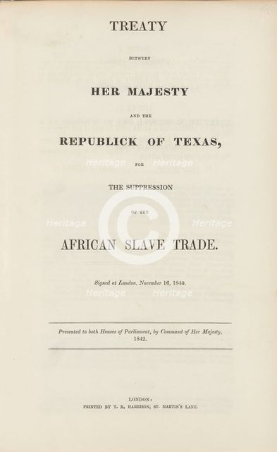 Treaty between Her Majesty and the republick of Texas, for the suppression of the African..., 1842. Creator: Unknown.