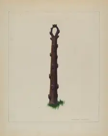 Tree Trunk Hitching Post, c. 1937. Creator: Richard Correll