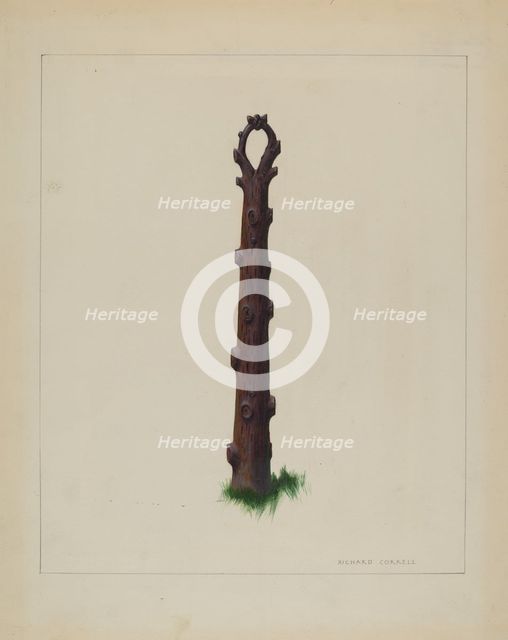 Tree Trunk Hitching Post, c. 1937. Creator: Richard Correll.