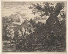 Tree with roots laid bare alongside a stream, a hilly landscape and a man walking behind q..., 1659. Creator: Karel Du Jardin