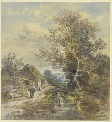 Tree and farmhouse by a stream with a woman, 1886. Creator: Anton Burger