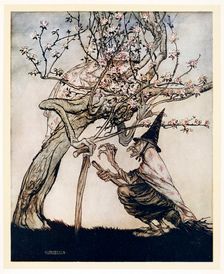 Tree of Mine! O tree of mine! Have you seen my naughty little maid?, English Fairy Tales, pub 1922. Creator: Arthur Rackham (1867 - 1939)