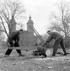Trees being felled in front of the Sofia Albertina Church, Landskrona, Sweden, 1960. Creator: Unknown