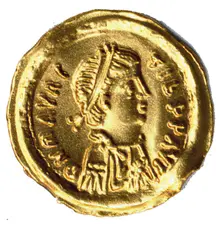 Tremissis of Emperor Maurice Tiberius (r. 582-602), Byzantine, ca. 582-602. Creator: Unknown