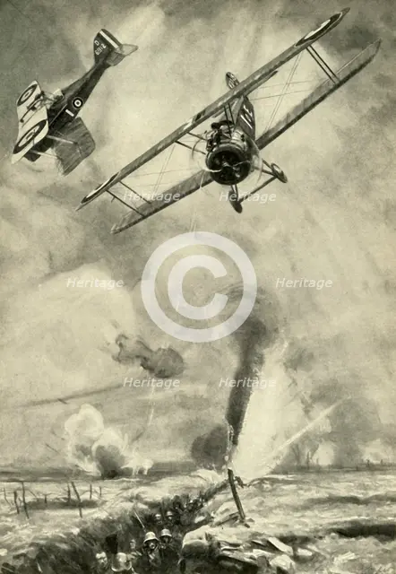 "Trench Strafing": British low-flying scouts co-operating in an infantry attack on the Western Front Creator: Unknown.