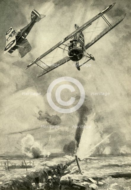 "Trench Strafing": British low-flying scouts co-operating in an infantry attack on the Western Front Creator: Unknown.