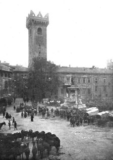 'Trente Italienne; Cantonnement de cavalerie italienne devant la vicille tour de l'Horloge 1918. Creator: Unknown