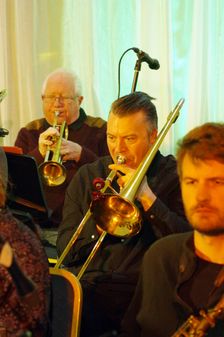 Trevor Mires and Henry Lowther, Stan Sulzmann’s Neon Orchestra, Watermill Jazz Club, Dorking, 2023. Creator: Brian O'Connor