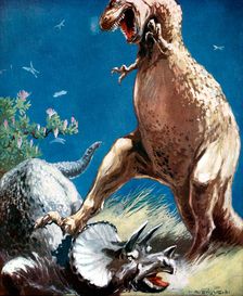 Triceratops, a horned dinosaur, held down by a Tyrannosaur, c1920. Creator: Unknown