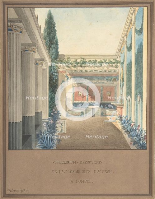 Triclinium, Excavated in the House of Actaeon, Pompeii, ca. 1824. Creator: Charles Frederic Chasseriau.