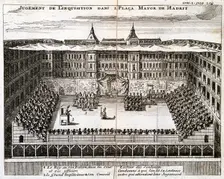 Trial by the Spanish Inquisition in progress in Madrid, 1759. Artist: Anon