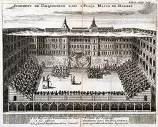 Trial by the Spanish Inquisition in progress in Madrid, 1759. Artist: Anon