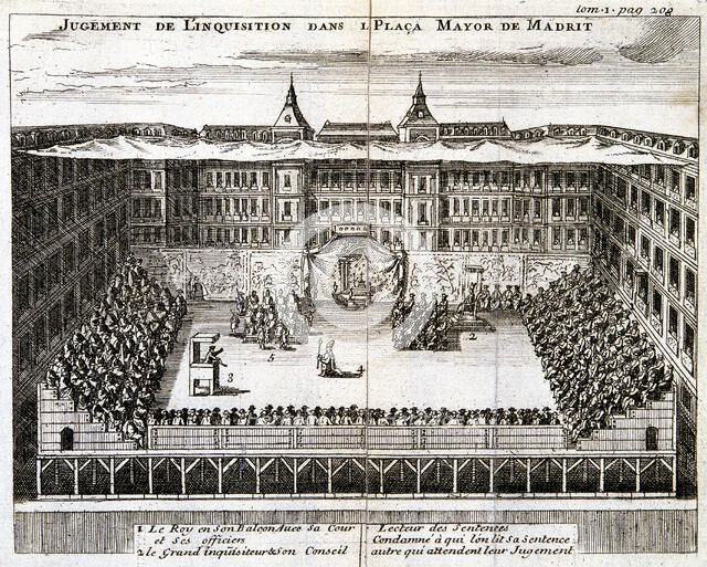 Trial by the Spanish Inquisition in progress in Madrid, 1759. Artist: Anon