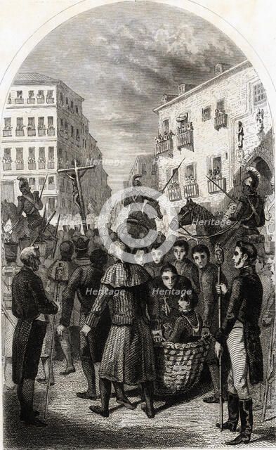 Trial, jibe and execution of revolutionary General Rafael de Riego, scene of his driving through …