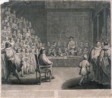 Trial of King Charles I, Palace of Westminster, c1725. Artist: Claude Dubosc