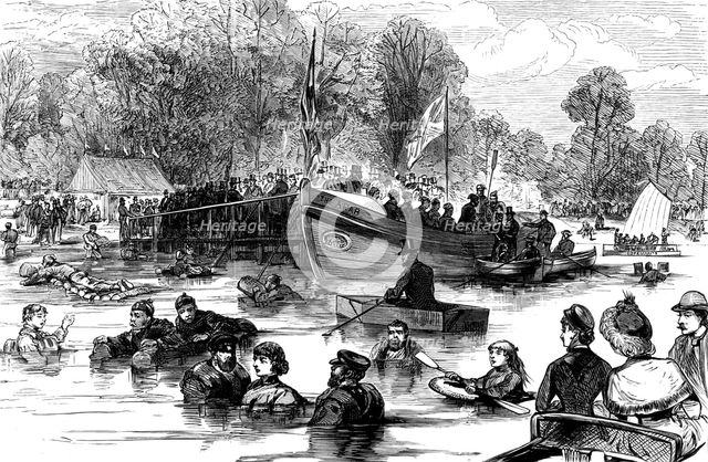 Trial of life-saving apparatus on the Serpentine, Hyde Park, 1883. Creator: Unknown.