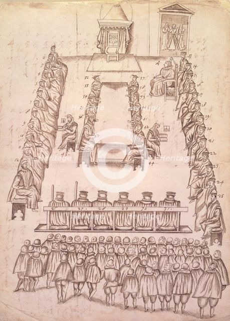 Trial of Mary, Queen of Scots in the Great Chamber at Fotheringhay castle, Oct 1586. Creator: Robert Beale.
