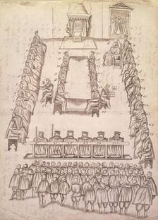 Trial of Mary, Queen of Scots in the Great Chamber at Fotheringhay castle, Oct 1586. Creator: Robert Beale