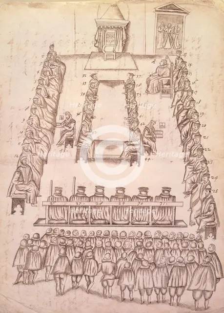 Trial of Mary, Queen of Scots in the Great Chamber at Fotheringhay castle, Oct 1586. Creator: Robert Beale.