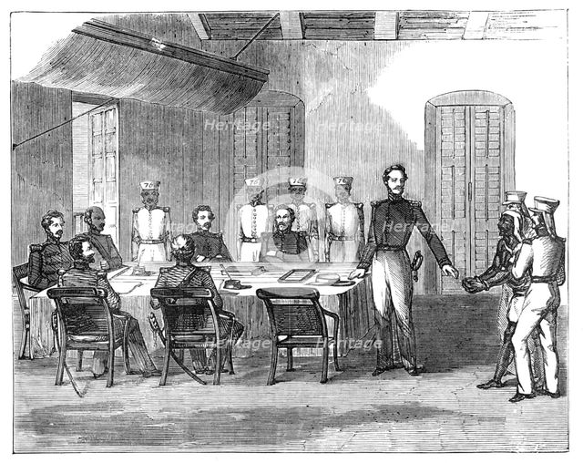 Trial of Native Prisoner by General Court-Martial, at the Main Guard, Fort William, Calcutta, 1857. Creator: Unknown.