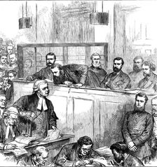 Trial of the bank forgers at the Old Bailey, 1873. Creator: Unknown