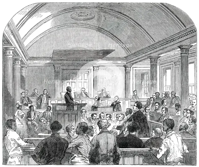 Trial of the Rioters (Oct. 1) in the Court-House, at Trinidad, 1850. Creator: Unknown.