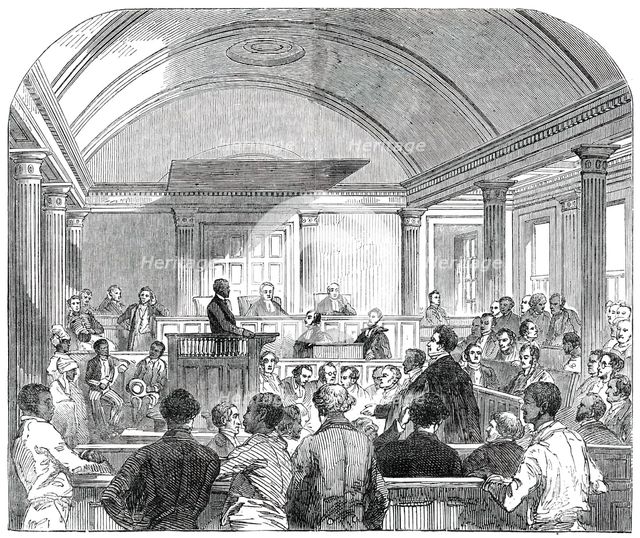 Trial of the Rioters (Oct. 1) in the Court-House, at Trinidad, 1850. Creator: Unknown.