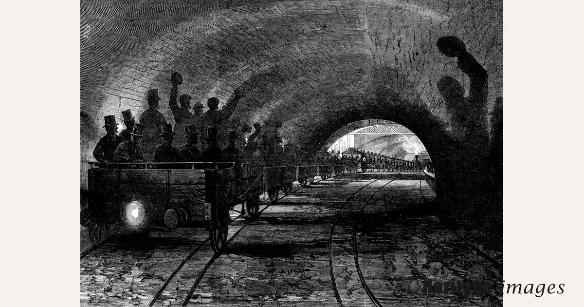 Trial-trip on the Metropolitan (underground) Railway: the train passing ...