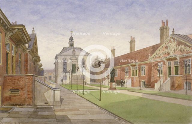 Trinity Almshouses and Trinity Chapel, Mile End Road, Stepney, London, 1883. Artist: John Crowther