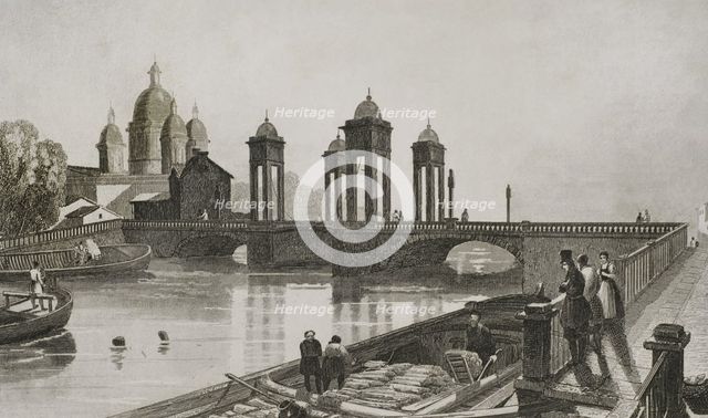 Trinity Church (Troitskoi Church) and bridge over Fontanka Canal, Saint Petersburg, Russia, 1839. Creator: Samuel Cholet.