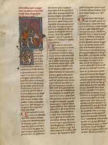 Tristan Unhorsing Sagremor, about 1320-1340. Creator: Jeanne de Montbaston