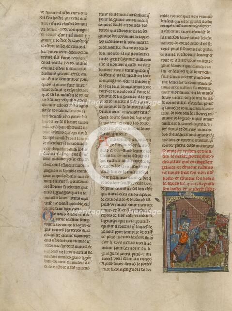 Tristan and Pelinor Departing on Horseback, about 1320-1340. Creator: Jeanne de Montbaston.