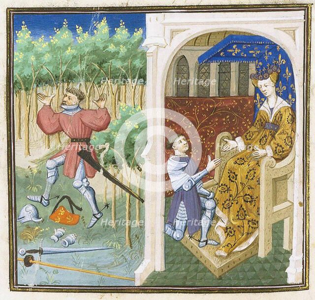 Tristan en prose. MS 648 (0404): Folie de Tristan - Iseut demandant à Fergus de retrouver..., c1455. Creator: Dunois Master, (Maître de Dunois) (active 1430-1465).