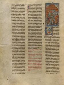 Tristan Fighting Three Knights, about 1320-1340. Creator: Jeanne de Montbaston