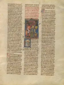 Tristan Freeing a Demoiselle from Brehus sans Pitié, about 1320-1340. Creator: Jeanne de Montbaston