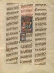 Tristan Freeing a Demoiselle from Brehus sans Pitié, about 1320-1340. Creator: Jeanne de Montbaston