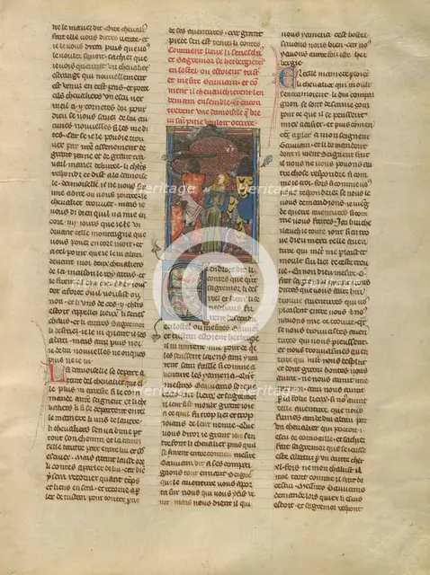 Tristan Freeing a Demoiselle from Brehus sans Pitié, about 1320-1340. Creator: Jeanne de Montbaston.