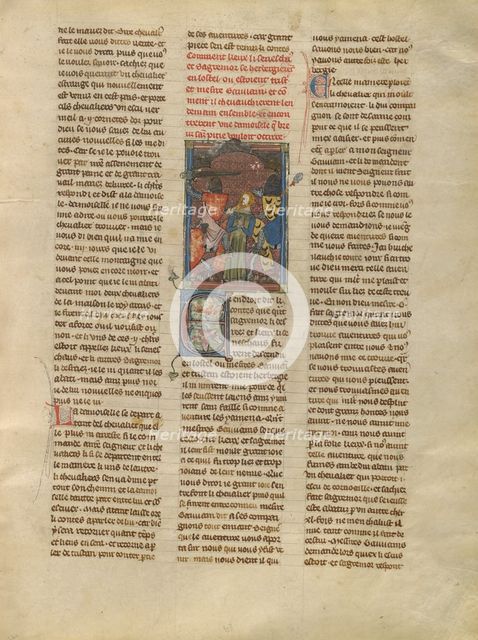 Tristan Freeing a Demoiselle from Brehus sans Pitié, about 1320-1340. Creator: Jeanne de Montbaston.